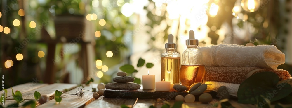 An elegant spa setting with rocks, candles and bottles of oil on the table, surrounded soft sunlight and greenery. An elegant spa setting with rocks, candles and bottles of oil on the table, surrounded soft sunlight and greenery.