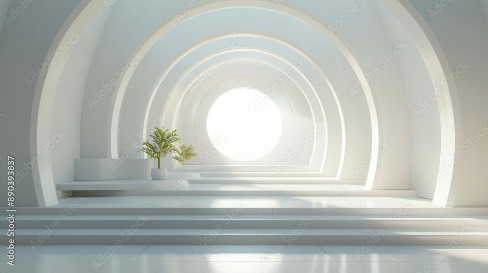 Naklejka premium A minimalist white room with arched doorways leading to a bright, circular opening. A single plant adds a touch of nature. Photo.