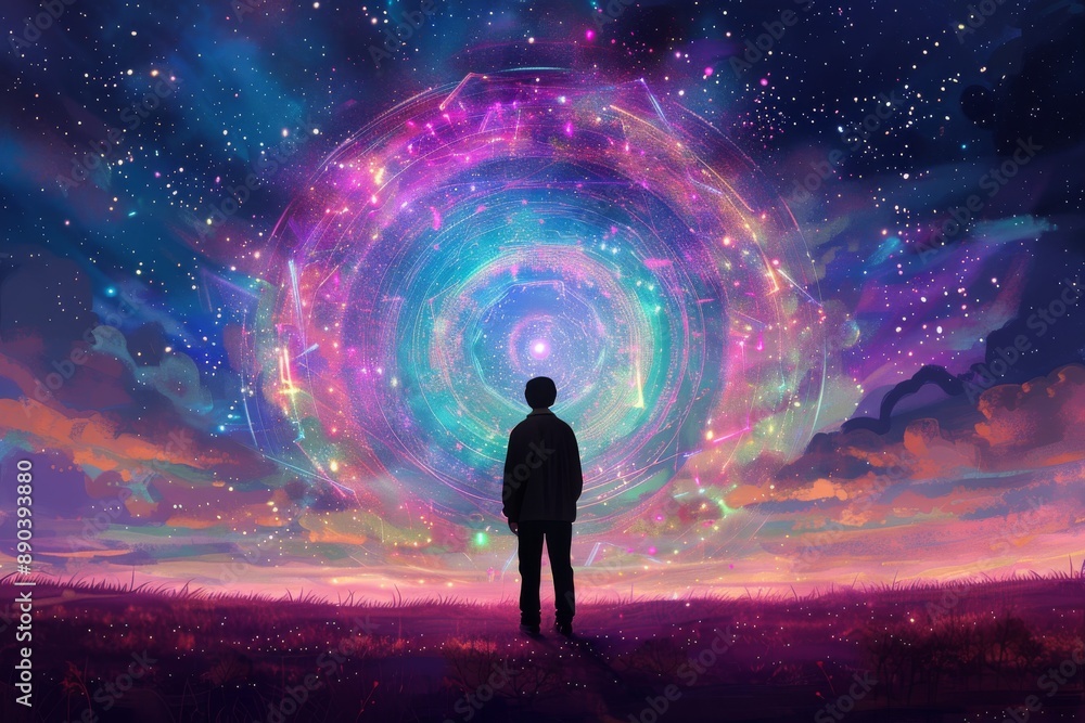 Fototapeta premium Person standing in front of a vibrant cosmic portal symbolizing the exploration of the unknown