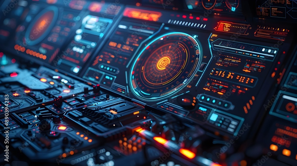 Futuristic Control Panel with Holographic Displays and Sleek Interactive Cyber Concept Futuristic Control Panel with Holographic Displays and Sleek Interactive Cyber Concept