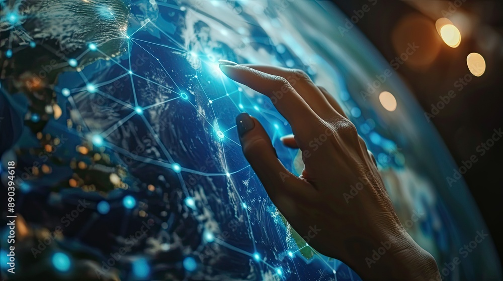 Naklejka premium Woman's hand touching virtual interface with digital globe. Future technology concept.