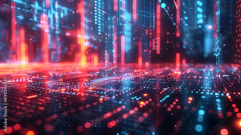 Futuristic Abstract Digital Landscape with Floating Cyber Elements and Glowing Neon Particles Futuristic Abstract Digital Landscape with Floating Cyber Elements and Glowing Neon Particles