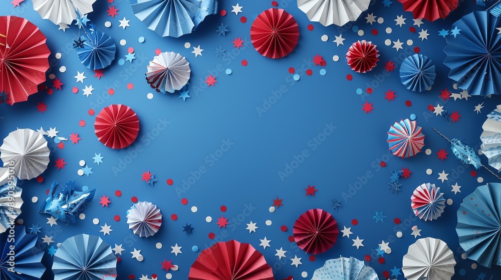 Red, White and Blue Paper Fans and Confetti. Red, White and Blue Paper Fans and Confetti.