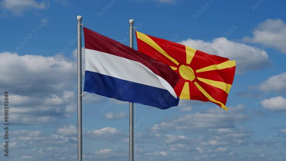 Netherlands and North Macedonia flags flying together, video concept of the relationship Netherlands and North Macedonia flags flying together, video concept of the relationship