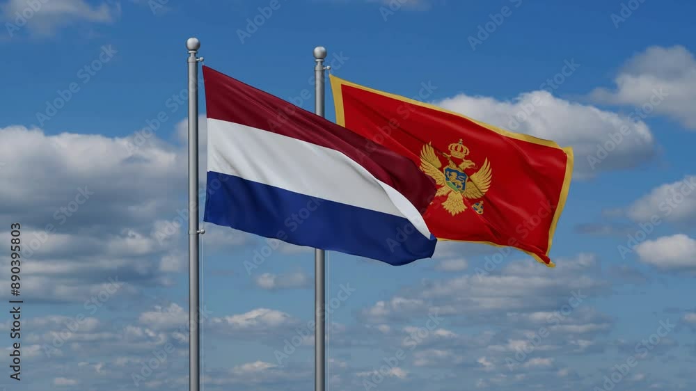 Montenegro and Netherlands flags flying together, video concept of the relationship, two country cooperation concept Montenegro and Netherlands flags flying together, video concept of the relationship, two country cooperation concept