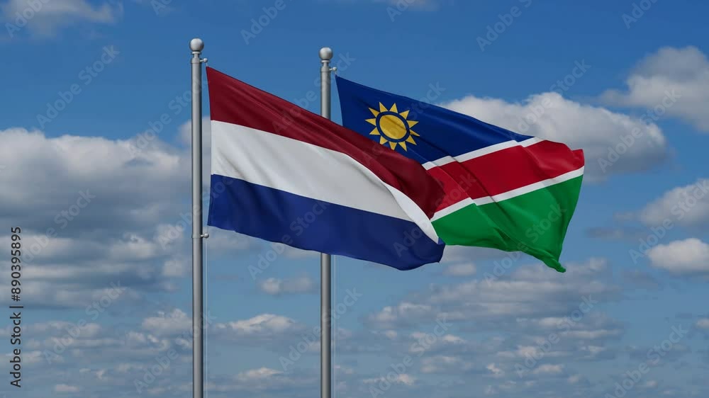 Netherlands and Namibia flags flying together, video concept of the relationship, two country relations concept Netherlands and Namibia flags flying together, video concept of the relationship, two country relations concept