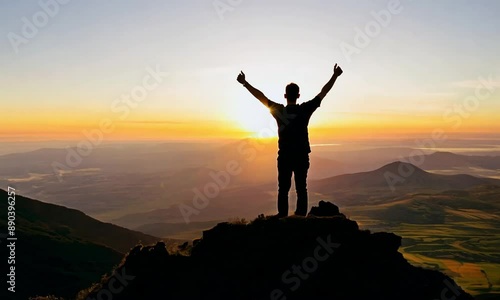 Silhouette of a person feeling strong and empowered, standing tall on the top of a mountain at sunrise