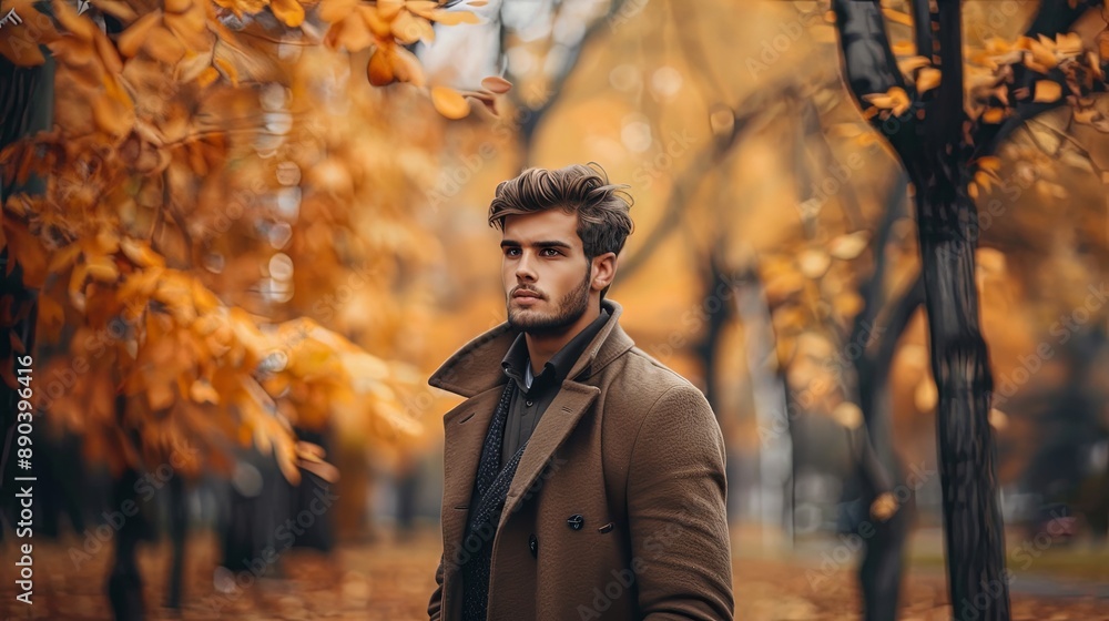 A young man strolls through a park in autumn A young man strolls through a park in autumn