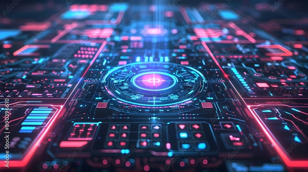 Fototapeta premium Cyber Interface with Holographic Data and Interactive Elements High Tech and Sleek Cyber Background Concept