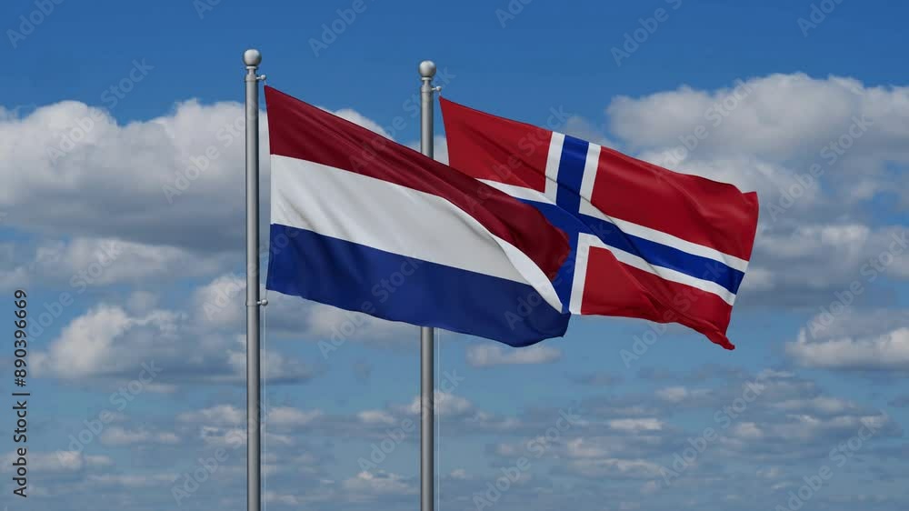 Norway and Netherlands flags flying together, video concept of the relationship, two country relations concept Norway and Netherlands flags flying together, video concept of the relationship, two country relations concept