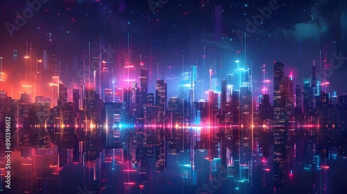 Futuristic Neon Lit Cityscape with Glowing Digital Displays and Skyline Reflection