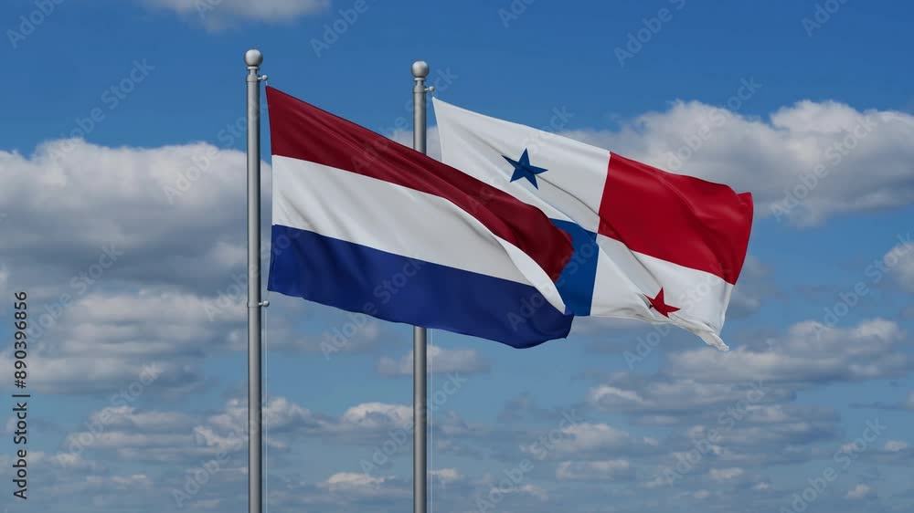 Panama and Netherlands flags flying together, video concept of the relationship, two country relations concept Panama and Netherlands flags flying together, video concept of the relationship, two country relations concept