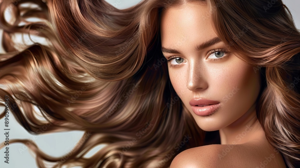 The woman looks beautiful with her wavy brunette hair and perfect makeup. Her smooth, healthy face showcases a flawless beauty routine. The woman looks beautiful with her wavy brunette hair and perfect makeup. Her smooth, healthy face showcases a flawless beauty routine.