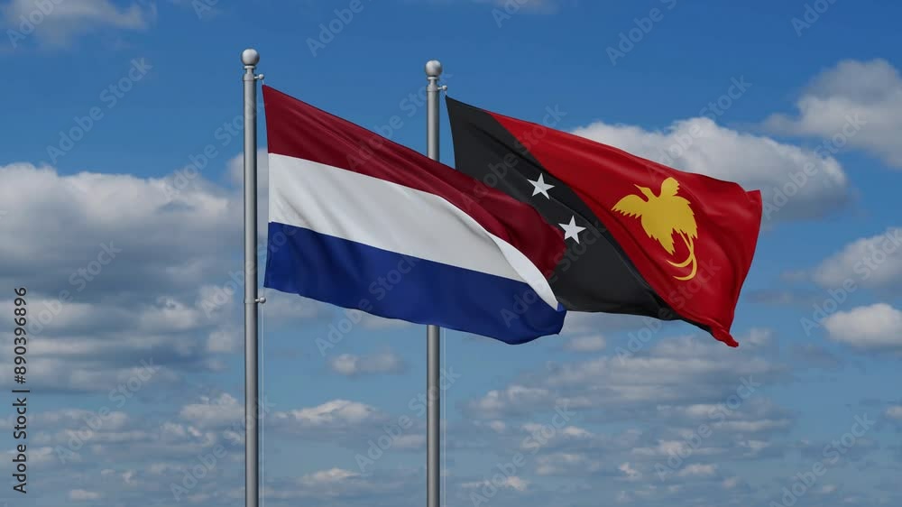 Papua New Guinea and Netherlands flags flying together, video concept of the relationship, two country relations concept Papua New Guinea and Netherlands flags flying together, video concept of the relationship, two country relations concept