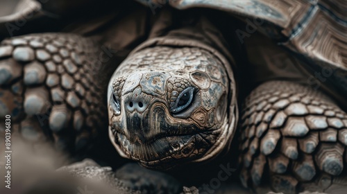 A detailed close-up of a tortoise head highlighting the intricate patterns and textures of its shell and skin, offering a glimpse into the patient and enduring nature of these ancient reptiles.