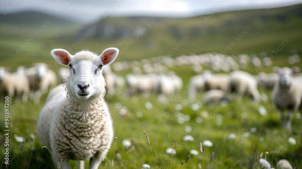 Sheep peacefully grazing in a serene meadow surrounded by mountains, highlighting nature, tranquility, and the peaceful ambiance of rural agricultural life. Sheep peacefully grazing in a serene meadow surrounded by mountains, highlighting nature, tranquility, and the peaceful ambiance of rural agricultural life.
