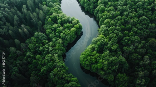 An idyllic scene of a river winding through a dense, lush green forest, showcasing the harmonious blend of water and greenery, creating a peaceful and refreshing atmosphere.