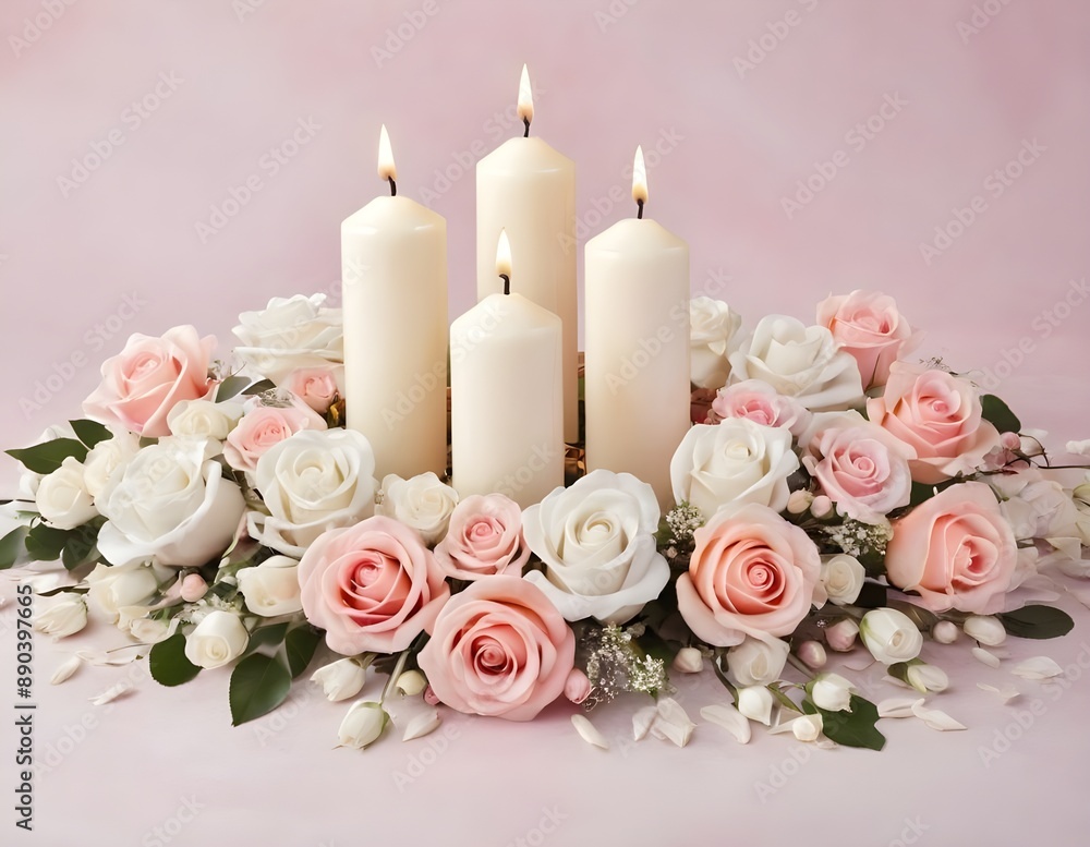 White Roses and Burning Candles on a Table in a Dimly Lit Room White Roses and Burning Candles on a Table in a Dimly Lit Room