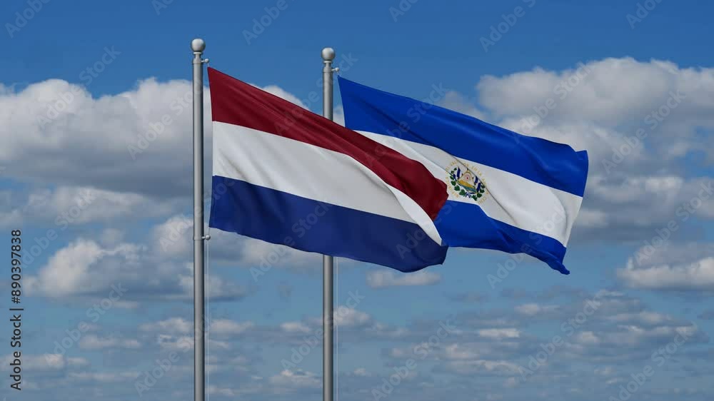 Republic of El Salvador and Netherlands flags flying together, video concept of the relationship, two country cooperation concept Republic of El Salvador and Netherlands flags flying together, video concept of the relationship, two country cooperation concept