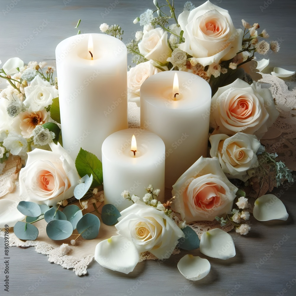 White Roses and Burning Candles on a Table in a Dimly Lit Room White Roses and Burning Candles on a Table in a Dimly Lit Room
