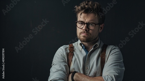 A man with glasses and a beard is standing with his arms crossed © liliyabatyrova