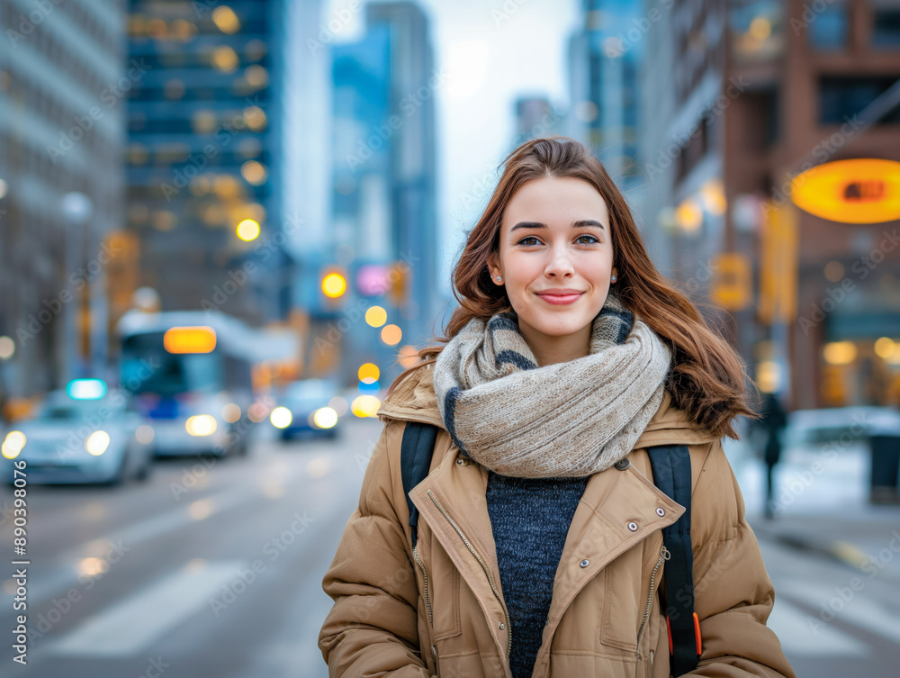 A woman with a smile is standing on a city street wearing a scarf and a jacket A woman with a smile is standing on a city street wearing a scarf and a jacket