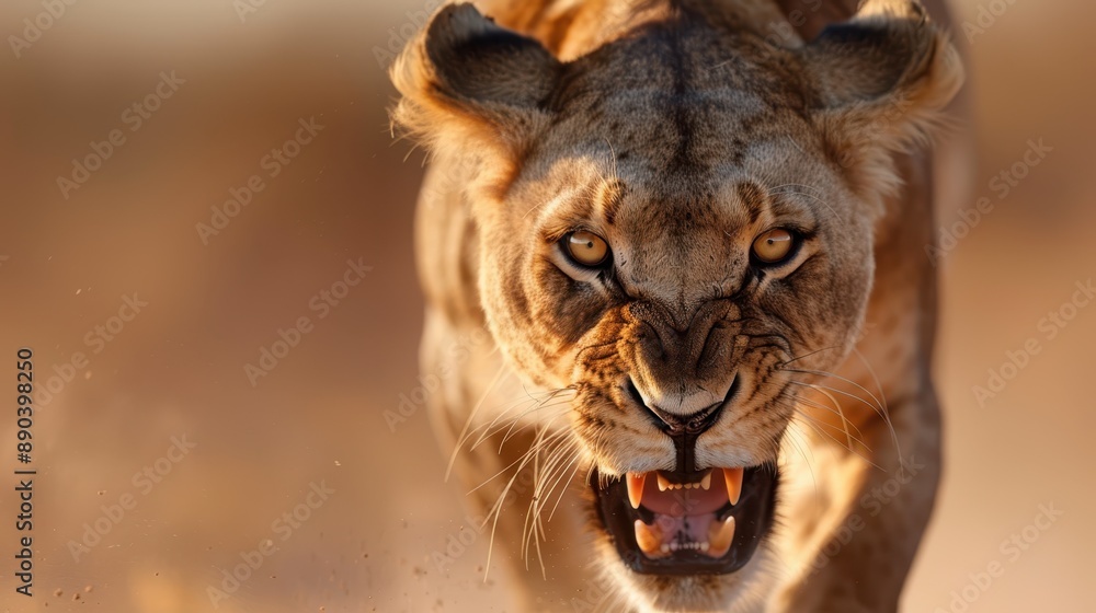 Obraz premium A lion runs head-on towards the camera, teeth bared and eyes full of determination, exuding power and intensity as dust swirls around, capturing the essence of wild splendor.