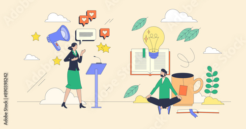 Personality traits and characteristics tiny person neubrutalism concept. Behavior model with individuality differences vector illustration. Psychological profile with person behavioral diversity.