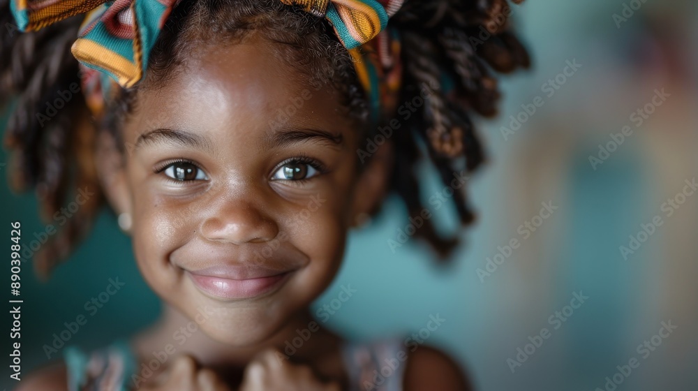 A young child wears a vibrant bow and smiles warmly, her eyes sparkling with joy, captured against a soft and blurred background, creating a heartwarming scene. A young child wears a vibrant bow and smiles warmly, her eyes sparkling with joy, captured against a soft and blurred background, creating a heartwarming scene.