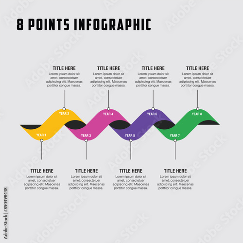 8 steps infographic template vector with icons, wave shaped layout, use for workflow, timeline, processes, banner, brochure, pamphlet, flyer, etc