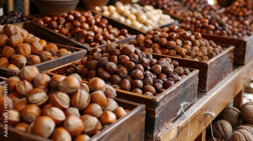 Hazelnuts and walnuts displayed in containers © Giovanni