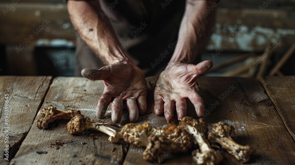 Hands supporting bonvenom on oak table Hands supporting bonvenom on oak table