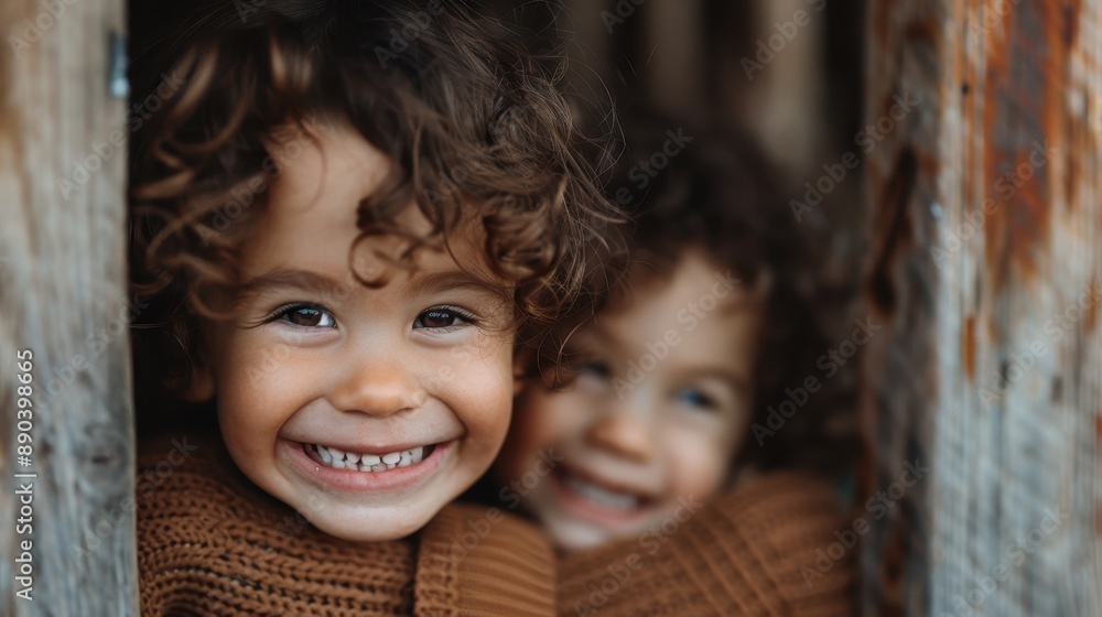 Two young children with curly hair smiling warmly while cuddling closely within a rustic wooden structure, capturing a precious and joyful moment of childhood intimacy. Two young children with curly hair smiling warmly while cuddling closely within a rustic wooden structure, capturing a precious and joyful moment of childhood intimacy.
