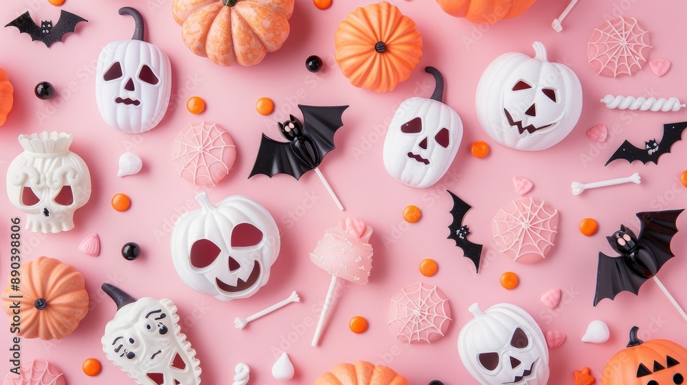 Halloween flat lay with adorable decorations on pastel pink backdrop Halloween flat lay with adorable decorations on pastel pink backdrop