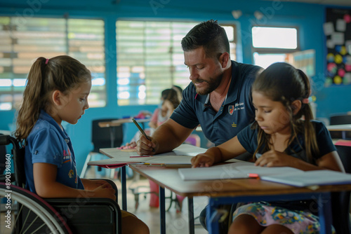 A male teacher is assisting two preteen girls in wheelchair in a classroom at school. photo