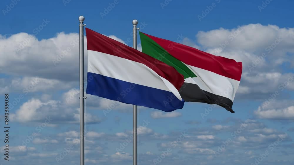 Sudan and Netherlands flags flying together, video concept of the relationship, two country cooperation concept Sudan and Netherlands flags flying together, video concept of the relationship, two country cooperation concept