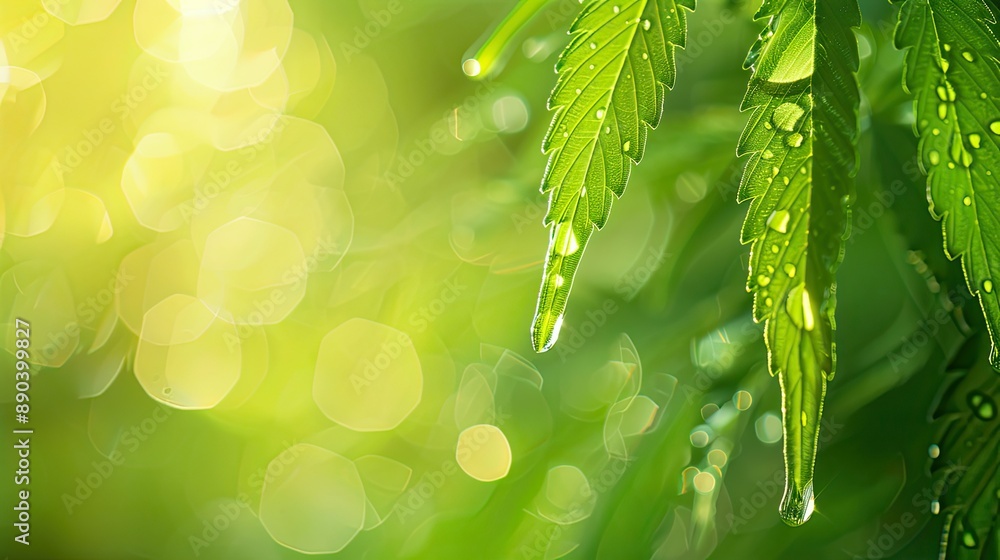 Obraz premium Cannabis Leaf With Dew Drops In Morning Sunlight