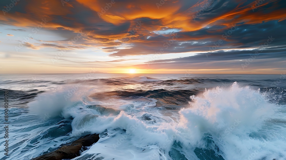 Fototapeta premium Ocean waves crashing against a rocky shoreline at sunset