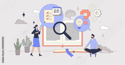 Metacognitive skills for personal reflection tiny person neubrutalism concept. Meta cognitive training and ability for self analysis vector illustration. Mental scripting and thoughts planning.