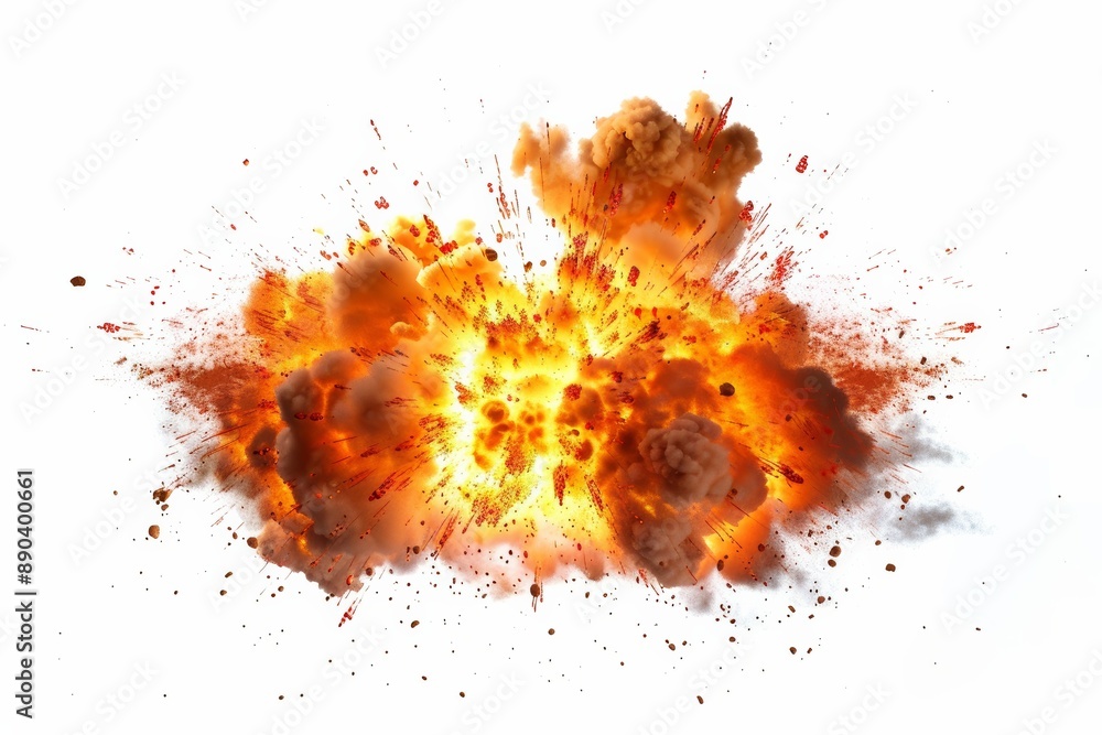 Dramatic fire explosion with white background, fiery burst impact Dramatic fire explosion with white background, fiery burst impact