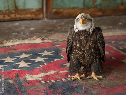 A bald eagle is dignifiedly posed in front of the American flag, exuding majesty and patriotism photo