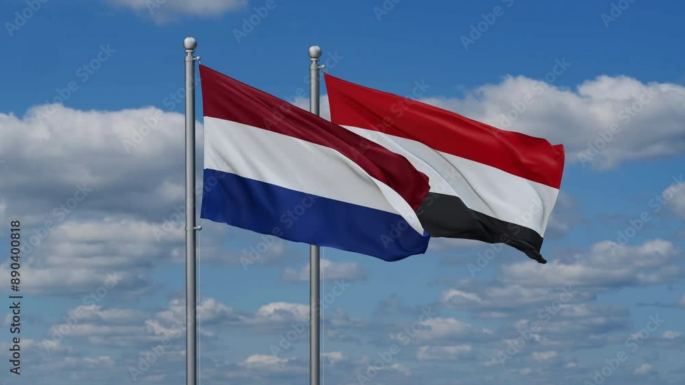 Yemen and Netherlands flags flying together, video concept of the relationship, two country cooperation concept Yemen and Netherlands flags flying together, video concept of the relationship, two country cooperation concept