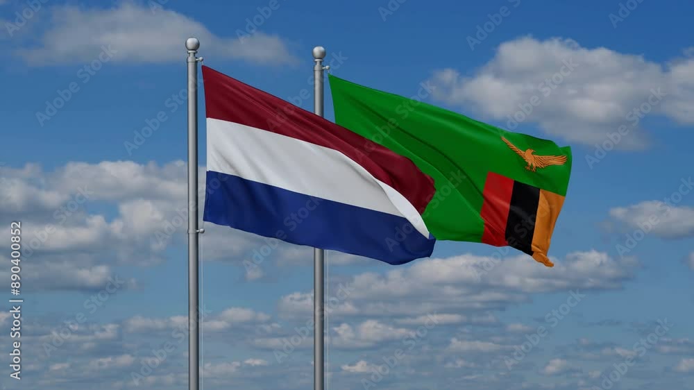 Zambia and Netherlands flags flying together, video concept of the relationship, two country cooperation concept Zambia and Netherlands flags flying together, video concept of the relationship, two country cooperation concept