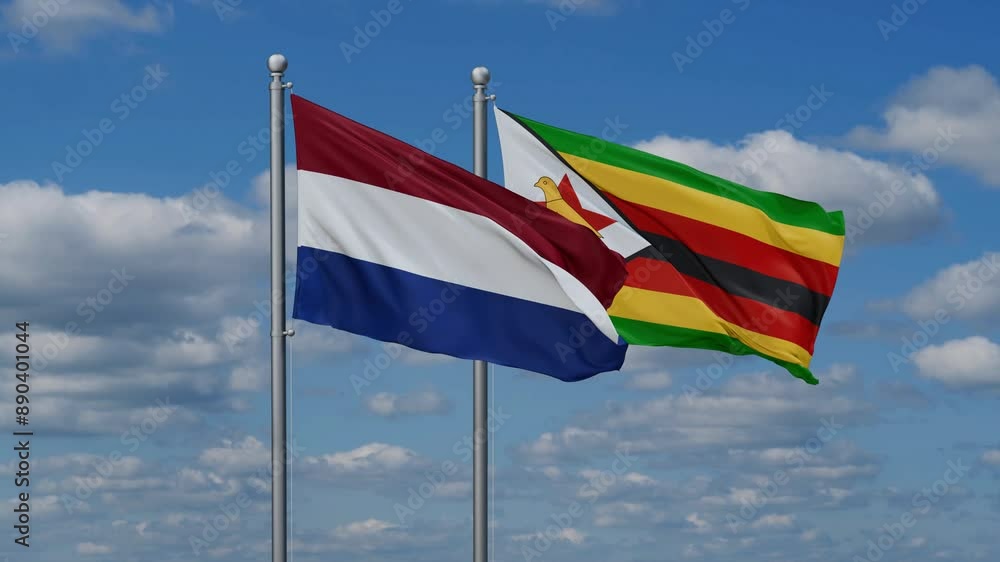 Zimbabwe and Netherlands flags flying together, video concept of the relationship, two country cooperation concept Zimbabwe and Netherlands flags flying together, video concept of the relationship, two country cooperation concept