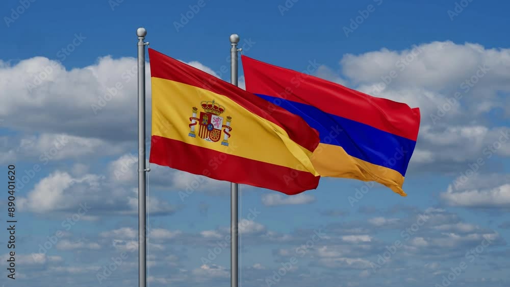 Armenia and Spain flags flying together, video concept of the relationship, two country cooperation concept Armenia and Spain flags flying together, video concept of the relationship, two country cooperation concept