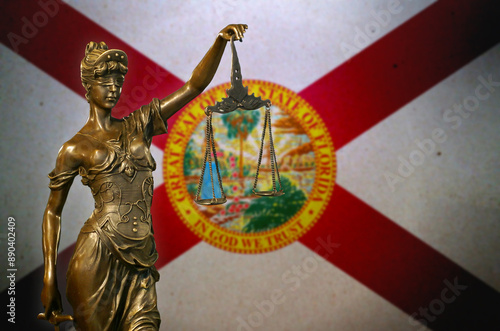 Lady Justice before a flag of Florida