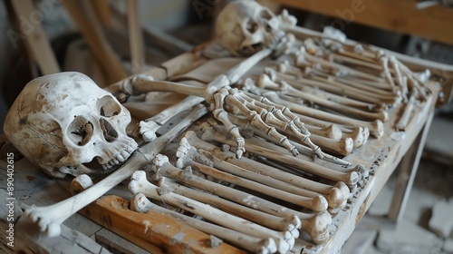 A collection of human bones, including skulls, femurs, and vertebrae. The bones are arranged in a haphazard manner on a wooden table.
