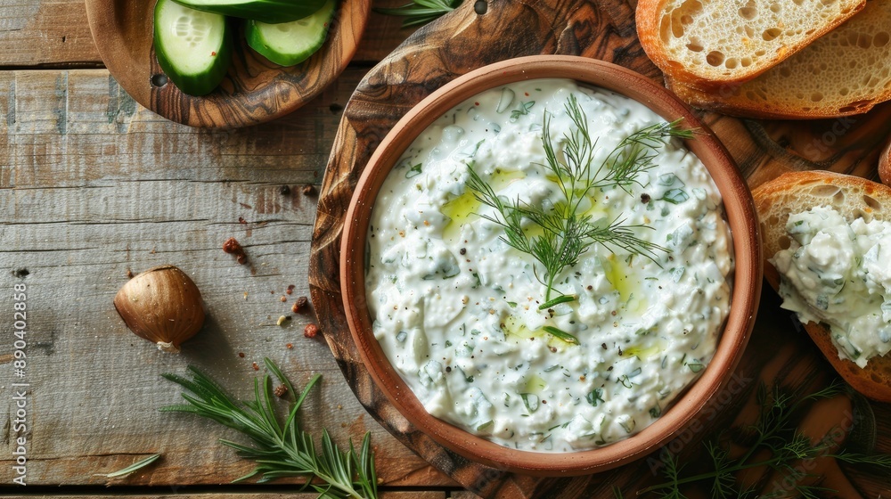 Delicious homemade tzatziki with bread and greens on a wooden surface Delicious homemade tzatziki with bread and greens on a wooden surface