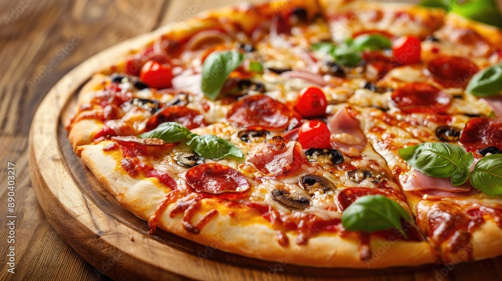 Delicious Italian Pizza with a Variety of Toppings on a Wooden Table Delicious Italian Pizza with a Variety of Toppings on a Wooden Table