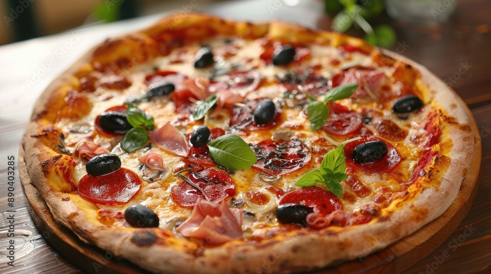 Delicious Italian Pizza with a Variety of Toppings on a Wooden Table Delicious Italian Pizza with a Variety of Toppings on a Wooden Table